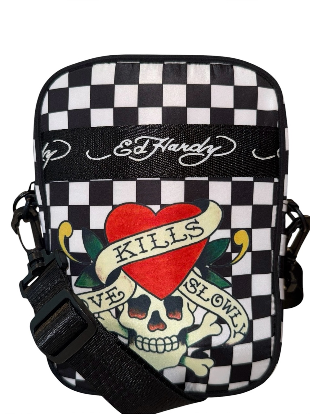Ed Hardy Black & White Checkerboard Messenger Bag with Red Heart Skull Graphic